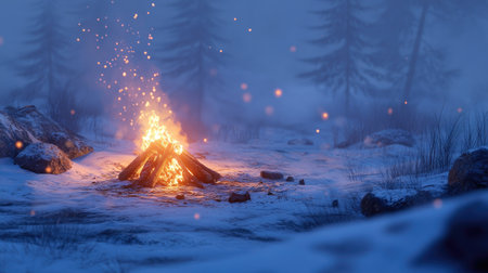 A campfire burning steadily in the snow at twilight, with soft smoke drifting into the cold evening air.の素材