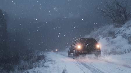 A car with winter tires driving through heavy snow on a remote road, with thick snowflakes falling from the sky.の素材