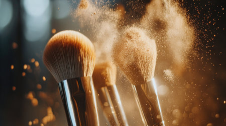 A close-up of natural bristle brushes in action, with fine particles of makeup powder exploding dramatically around them.の素材