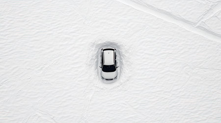 A car almost invisible under a blanket of snow in a heavily snowed-in parking lot, with only its shape discernible.の素材