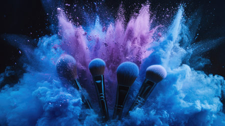 A dramatic splash of blue and purple powder exploding around a set of natural bristle makeup brushes.の素材