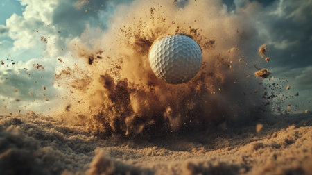 A burst of sand clouds the air as a golf ball is struck off a tee in a bunker during a high-energy swing.の素材