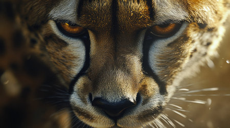 A breathtaking closeup of a cheetah's face, highlighting its whiskers, eyes, and elegant fur details against a blurred background.の素材