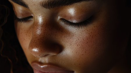 A detailed close-up of a woman's nose, with soft lighting bringing out the beauty of her natural features and skin texture.の素材