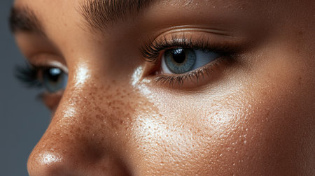 A close-up of a woman's nose, showcasing the natural contours and smooth texture of her skin with soft ambient light.の素材