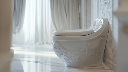 A close-up of a white toilet bowl with a decorative seat in a spacious, stylish bathroom with soft, neutral tones.の素材
