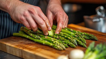 A chef's hands carefully slicing green asparagus on a wooden cutting board, surrounded by fresh ingredients.の素材
