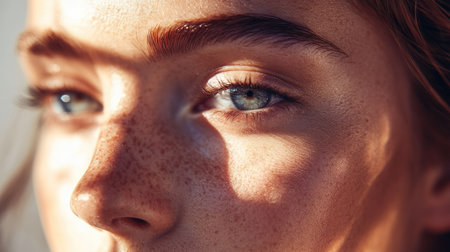 A close-up of a woman's nose, with soft lighting illuminating its delicate features and showcasing the smoothness of her skin.の素材
