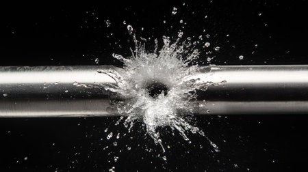 A burst of water spraying from a hole in a stainless steel pipe, isolated on a plain black background for dramatic contrast.の素材