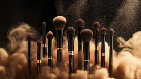 A collection of makeup brushes with natural bristles, surrounded by a radiant cloud of golden and bronze powder.の素材