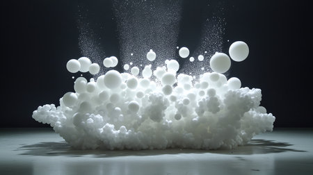 A cloud of Styrofoam mini balls exploding outward, lit dramatically from below for a glowing effect.の素材