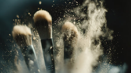 A close-up of natural bristle brushes in action, with fine particles of makeup powder exploding dramatically around them.の素材