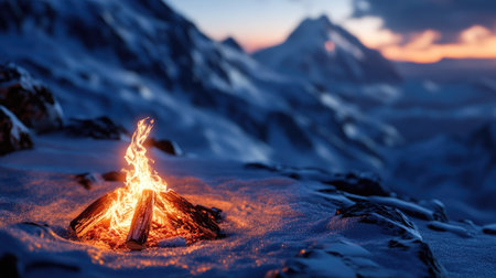 A cozy campfire built in the snow on a mountain ridge, with the fire reflecting against the icy backdrop.の素材