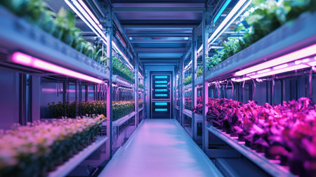 A clean and orderly indoor chicken farm, with chickens feeding from automated systems and bright lighting illuminating the space.の素材