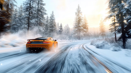 A car with winter tires speeding along a snowy road, with snow-covered trees and a winter wonderland scene ahead.の素材