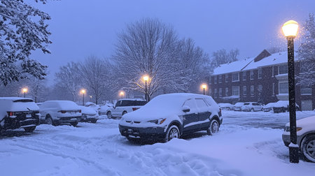 A completely snow-covered car in a parking lot, with neighboring vehicles also buried under fresh snowfall.の素材