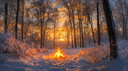 A crackling fire built on snow in a quiet forest, with golden flames illuminating the frosty trees around it.の素材