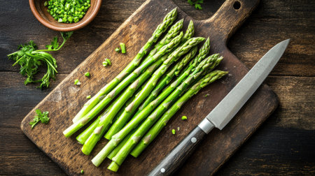 A cutting board with freshly chopped green asparagus pieces and a sharp chef's knife beside it.の素材