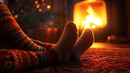 A cozy and peaceful indoor setting with a woman's legs in warm socks, resting on a rug near a glowing fireplace.の素材