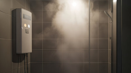 A contemporary bathroom with an electric water heater mounted on the wall and a running shower, creating a steamy and warm environment.の素材