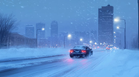 A car with winter tires moving slowly down a snowy urban road, with frosted buildings and streetlights in the distance.の素材