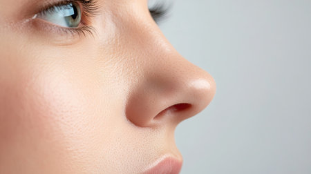 A delicate close-up of a woman's nose with minimal makeup, showcasing the smooth skin and gentle contours of her face.の素材
