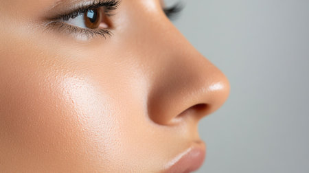 A clean and crisp close-up shot of a woman's nose, highlighting the natural beauty of her facial features in soft light.の素材