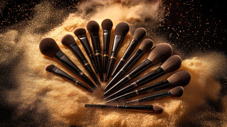 A collection of makeup brushes with natural bristles, surrounded by a radiant cloud of golden and bronze powder.の素材