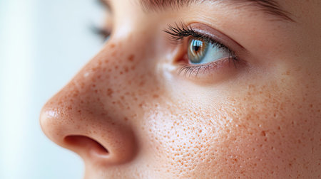 A close-up of a woman's nose, focusing on the smoothness and subtle texture of her skin, illuminated by soft ambient light.の素材