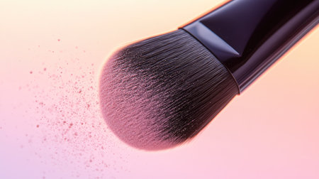 A close-up of a makeup brush tip with powder gently falling off the bristles, against a subtle gradient background.の素材