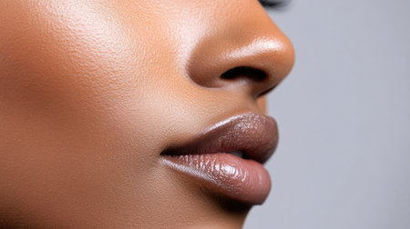 A close-up of a woman's nose with a focus on the subtle curves and smooth texture of her skin, captured in soft, even lighting.の素材