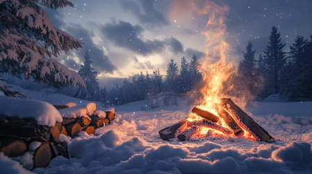 A cozy campfire burning in the snow, surrounded by logs and rocks, with smoke curling into a cloudy winter sky.の素材