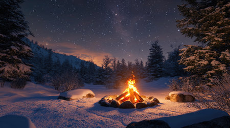A crackling campfire in a snow-covered clearing, with a ring of stones framing the flames under a clear, starry night sky.の素材