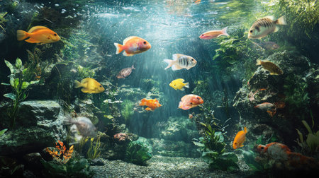A close-up of an aquarium tank with various fish species swimming gracefully, surrounded by lush greenery and clear water.の素材