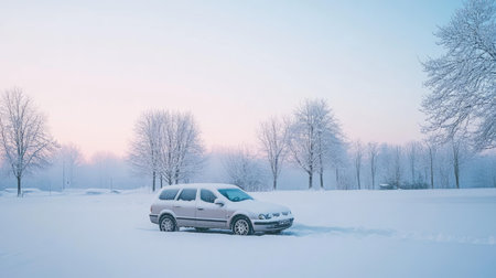 A car parked near a snowy park, its hood and roof covered with a pristine layer of snow under a pale blue sky.の素材