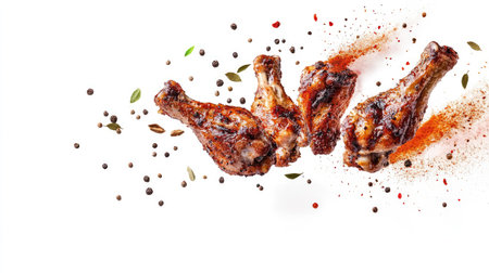 A captivating image of roasted chicken wings with spices flying above, isolated on a white background to highlight the flavors.の素材