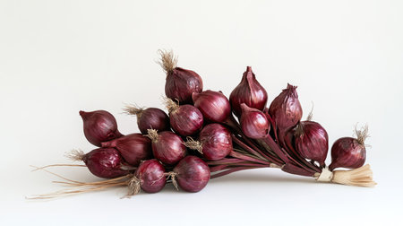 A cluster of red onions with rich purple tones and intact stems, beautifully displayed against a white backdrop.の素材
