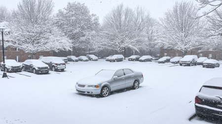 A completely snow-covered car in a parking lot, with neighboring vehicles also buried under fresh snowfall.の素材