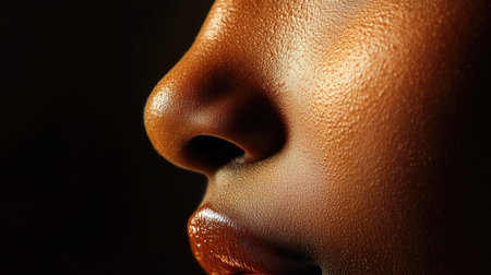A close-up of a woman's nose with a focus on the subtle curves and smooth texture of her skin, captured in soft, even lighting.の素材