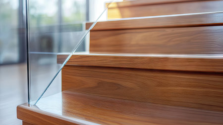 A close-up of polished wooden steps with seamless glass railings in a luxurious, modern house.の素材
