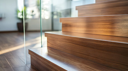 A close-up of polished wooden steps with seamless glass railings in a luxurious, modern house.の素材