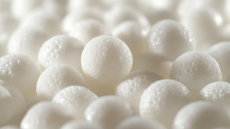 A detailed close-up of Styrofoam mini balls mid-explosion, with high contrast lighting highlighting their texture.の素材