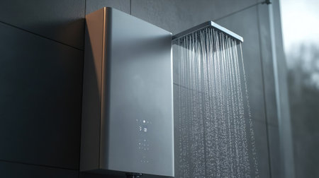 A close-up of a modern electric water heater in a stylish bathroom, with water cascading from the showerhead and steam filling the air.の素材