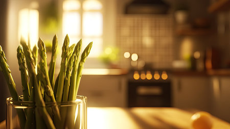 A close-up shot of green asparagus spears with a blurred kitchen in the background.の素材