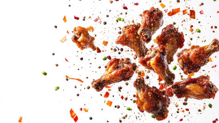 A close-up of crispy roasted chicken wings with spices flying above, creating a dynamic and flavorful scene against a white background.の素材
