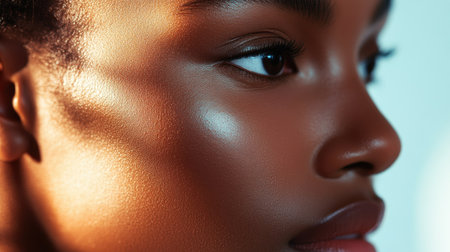 A close-up of a woman's nose, with soft lighting illuminating its delicate features and showcasing the smoothness of her skin.の素材