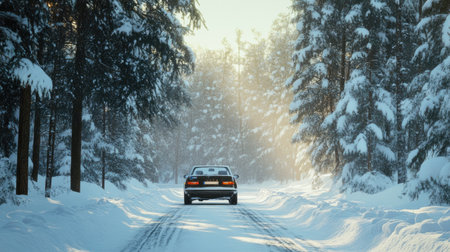 A car with winter tires gliding through deep snow on a road in a forest, surrounded by towering snow-covered trees.の素材