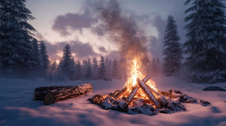 A cozy campfire burning in the snow, surrounded by logs and rocks, with smoke curling into a cloudy winter sky.の素材