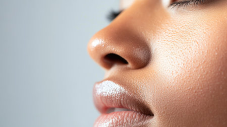 A close-up of a woman's nose, focusing on the smoothness and subtle texture of her skin, illuminated by soft ambient light.の素材