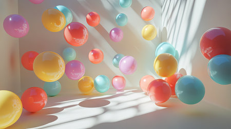 A colorful chaos of Styrofoam mini balls in mid-flight, with light and shadow playing across their surfaces.の素材